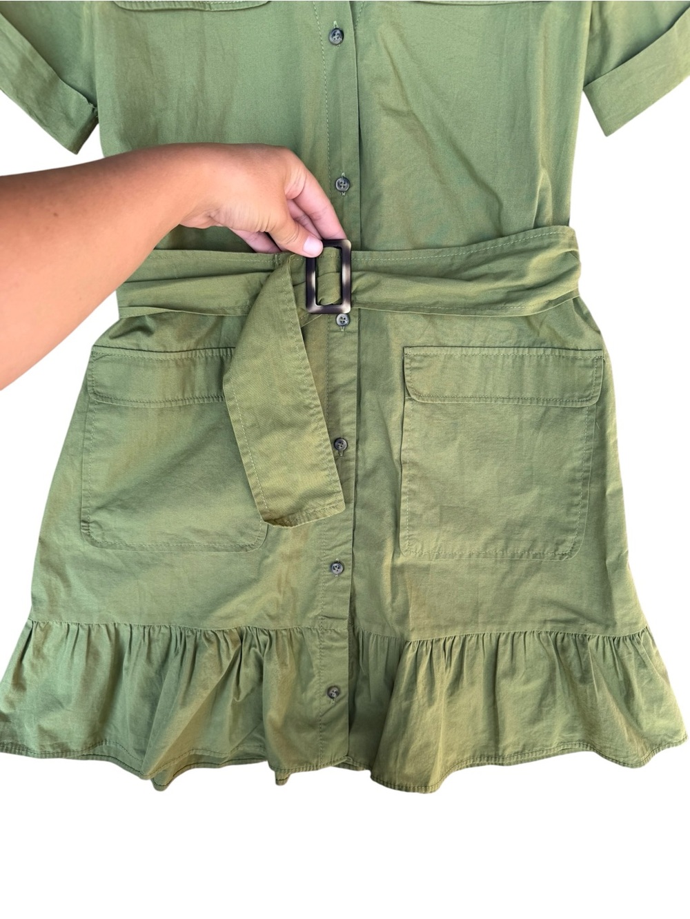 Zara 100% Cotton Olive Green Short-Sleeve Utility Dress with Belt - Picture 3 of 6